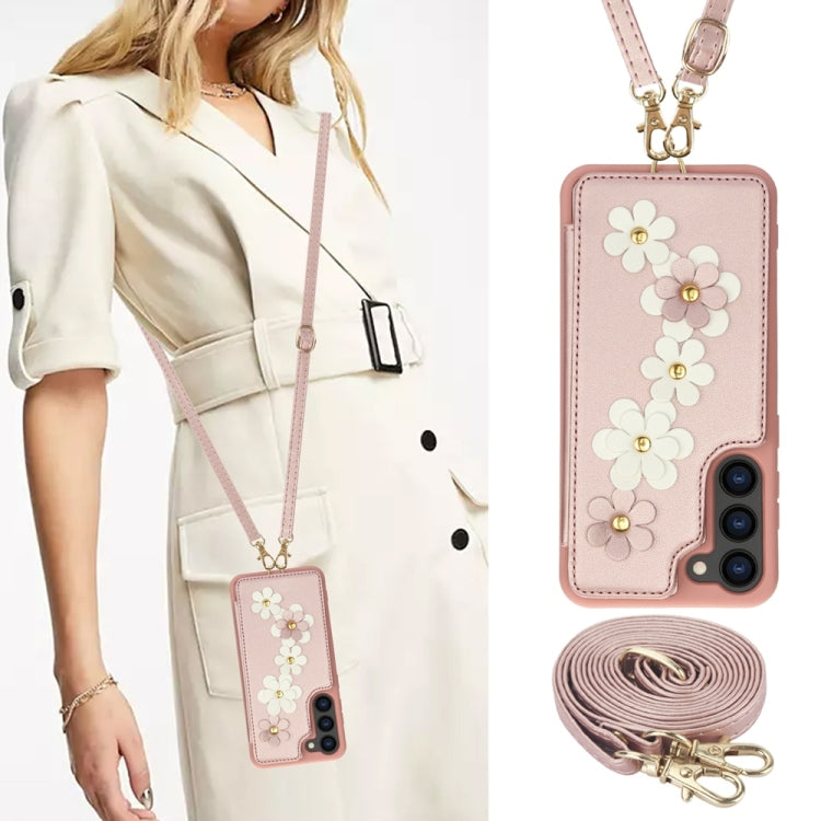 For Samsung Galaxy S25+ 5G Crossbody Flower Pattern Leather Phone Case(Rose Gold)