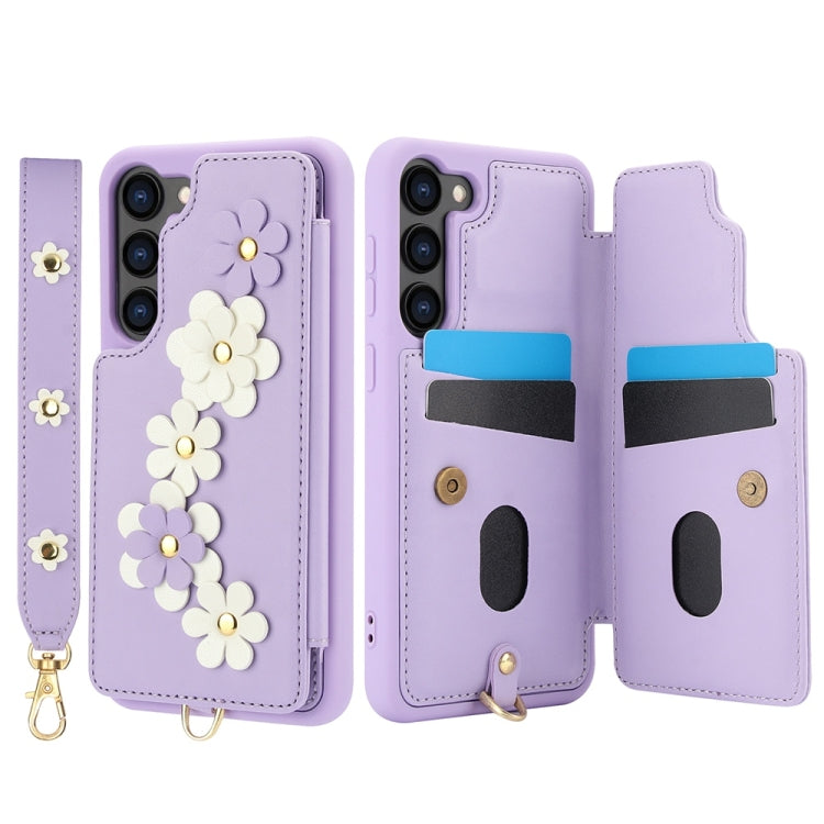 For Samsung Galaxy S25+ 5G Crossbody Flower Pattern Leather Phone Case(Purple)