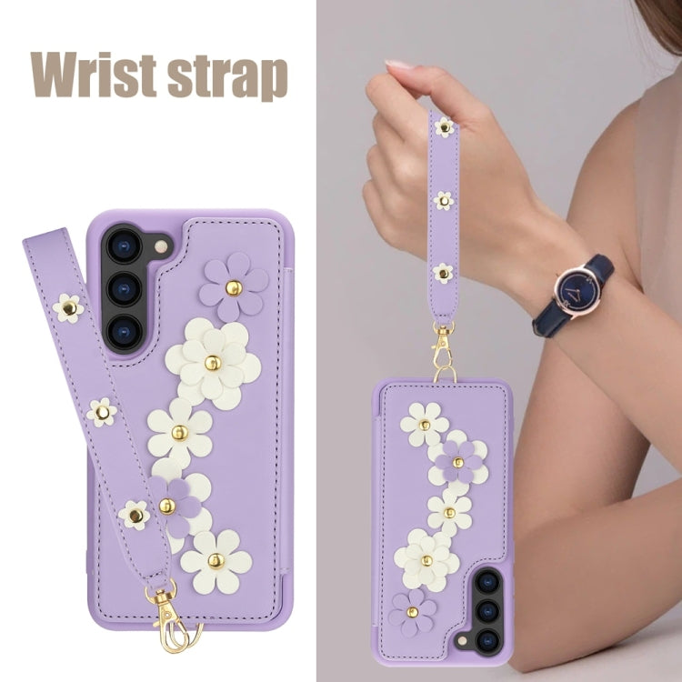 For Samsung Galaxy S25+ 5G Crossbody Flower Pattern Leather Phone Case(Purple)