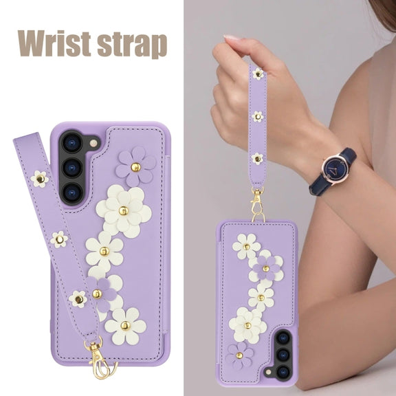For Samsung Galaxy S25+ 5G Crossbody Flower Pattern Leather Phone Case(Purple)