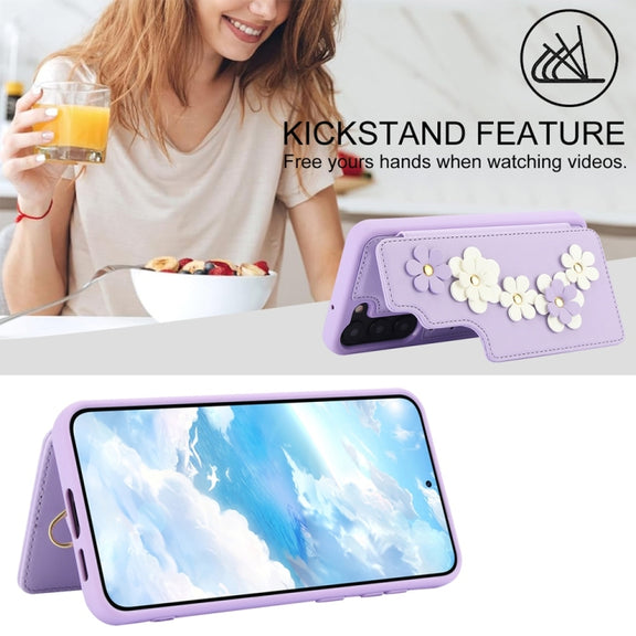 For Samsung Galaxy S25+ 5G Crossbody Flower Pattern Leather Phone Case(Purple)