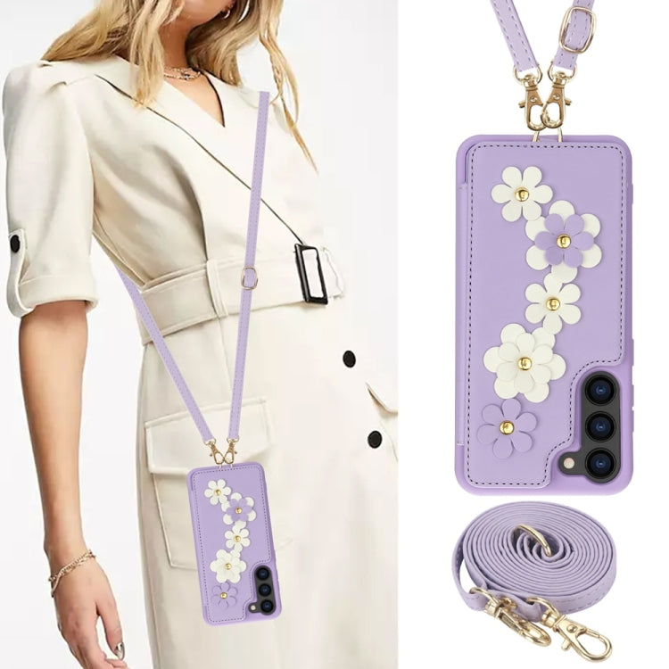 For Samsung Galaxy S25+ 5G Crossbody Flower Pattern Leather Phone Case(Purple)