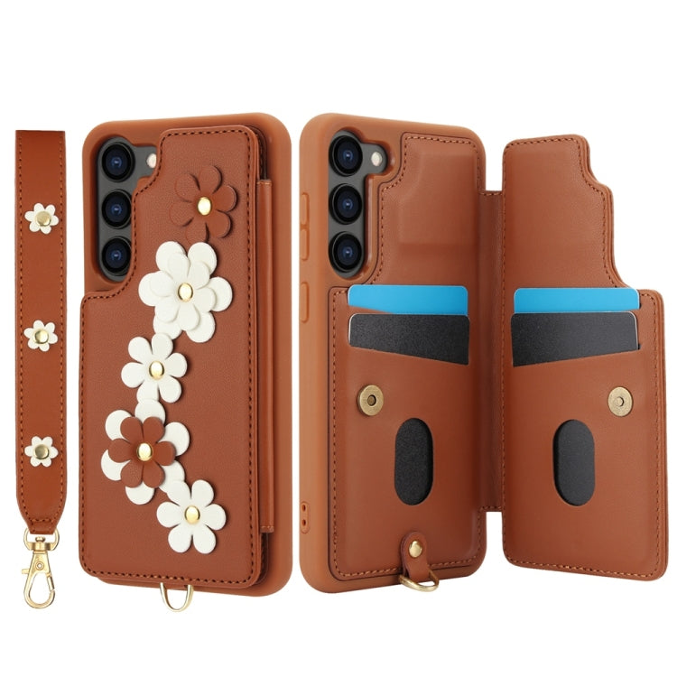 For Samsung Galaxy S25+ 5G Crossbody Flower Pattern Leather Phone Case(Brown)