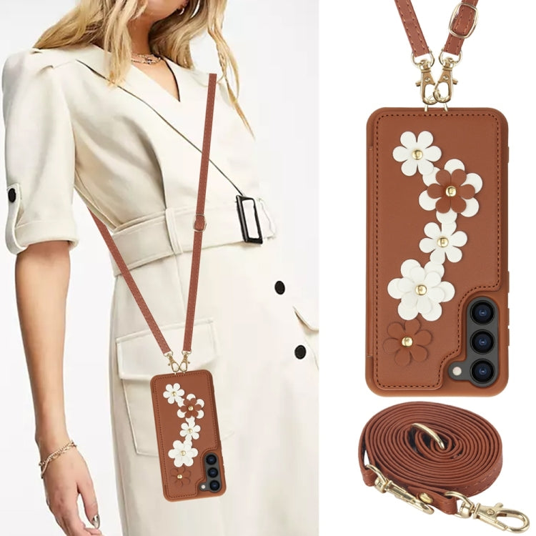 For Samsung Galaxy S25+ 5G Crossbody Flower Pattern Leather Phone Case(Brown)