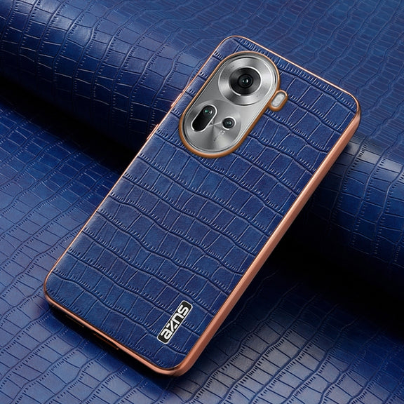 For OPPO Reno11 Global AZNS Electroplated Frame Crocodile Texture Full Coverage Phone Case(Blue)