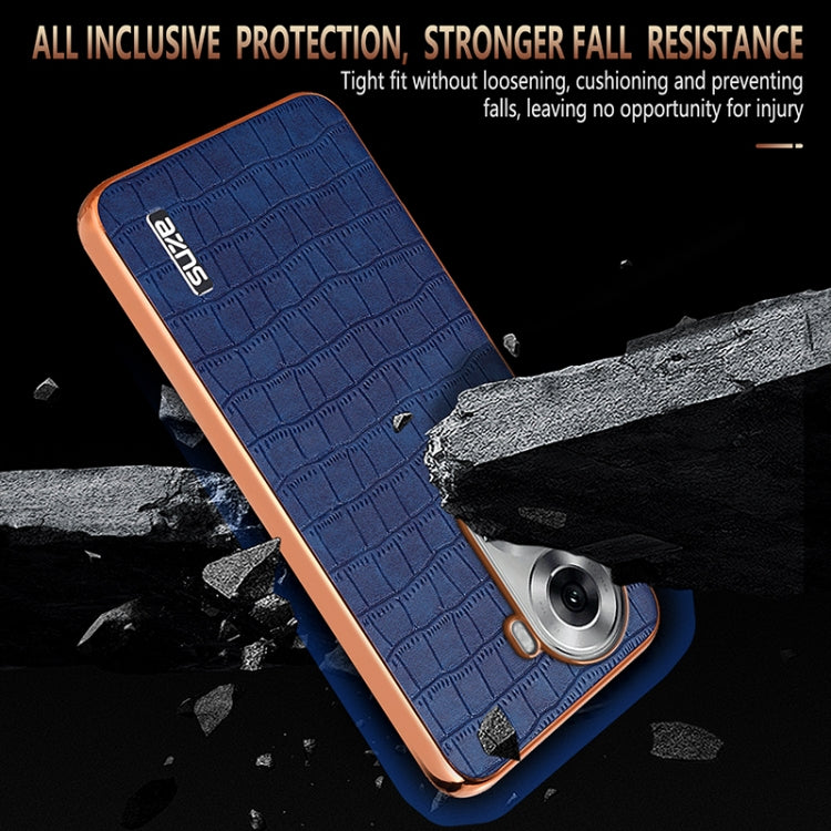 For OPPO Reno11 Global AZNS Electroplated Frame Crocodile Texture Full Coverage Phone Case(Blue)