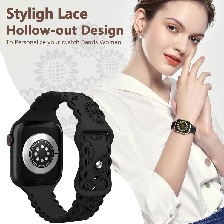 For Apple Watch SE 2023 44mm Lace Sunflower Embossed Silicone Watch Band(Black)