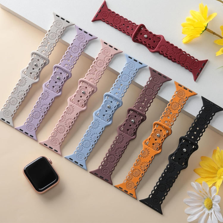 For Apple Watch SE 2023 44mm Lace Sunflower Embossed Silicone Watch Band(Black)
