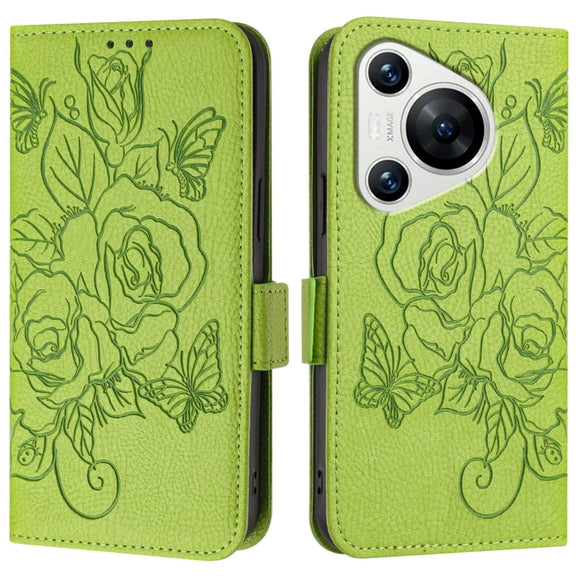 For Huawei Pura 70 Embossed Rose RFID Anti-theft Leather Phone Case(Green)