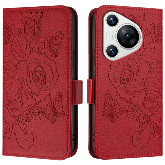 For Huawei Pura 70 Embossed Rose RFID Anti-theft Leather Phone Case(Red)