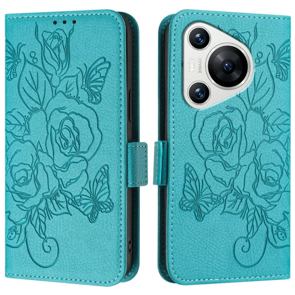 For Huawei Pura 70 Embossed Rose RFID Anti-theft Leather Phone Case(Light Blue)