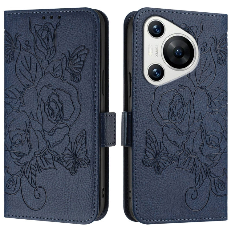 For Huawei Pura 70 Embossed Rose RFID Anti-theft Leather Phone Case(Dark Blue)
