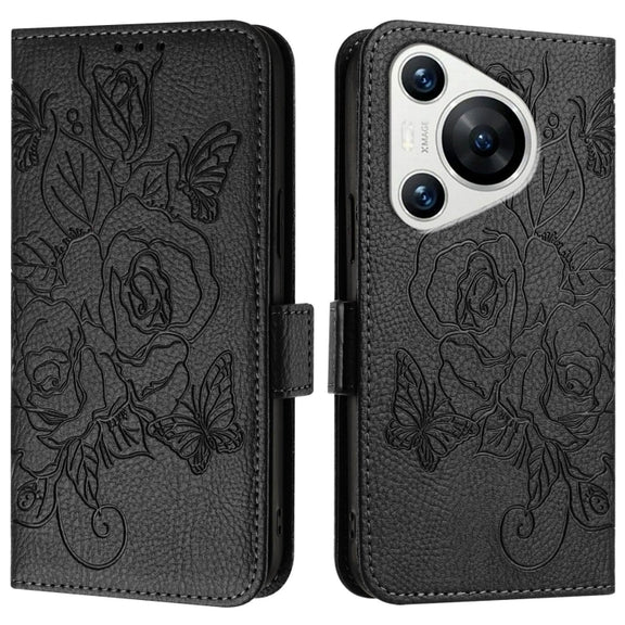 For Huawei Pura 70 Embossed Rose RFID Anti-theft Leather Phone Case(Black)