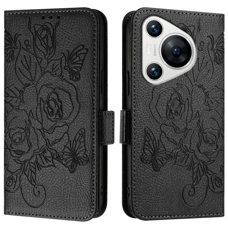 For Huawei Pura 70 Embossed Rose RFID Anti-theft Leather Phone Case(Black)