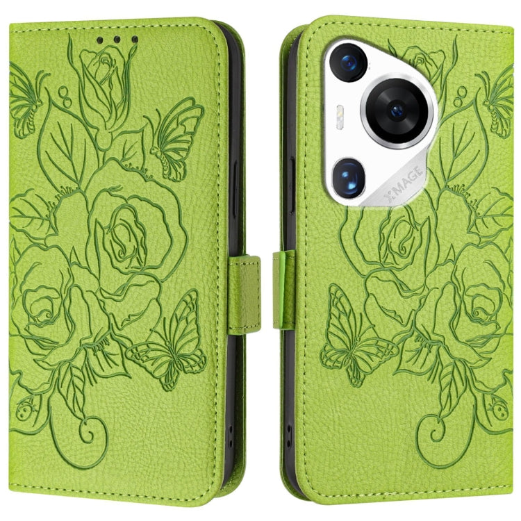 For Huawei Pura 70 Pro Embossed Rose RFID Anti-theft Leather Phone Case(Green)