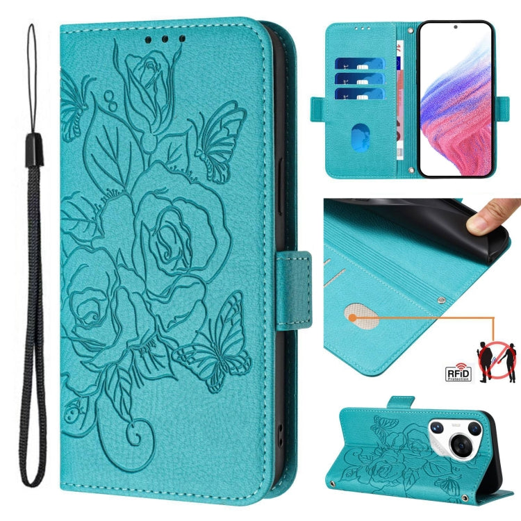 For Huawei Pura 70 Pro Embossed Rose RFID Anti-theft Leather Phone Case(Light Blue)