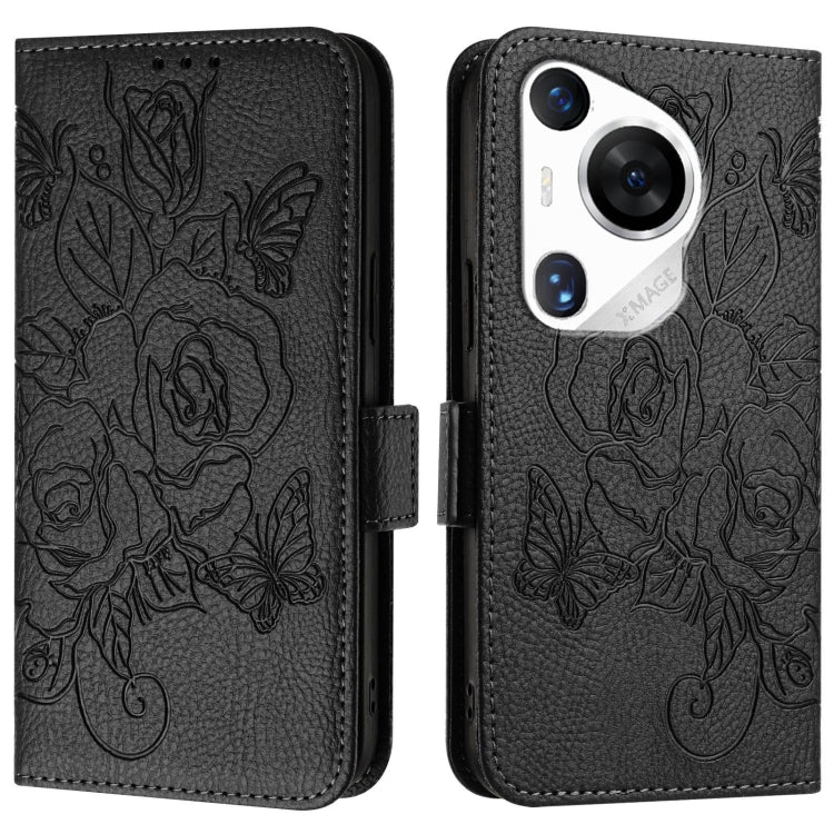 For Huawei Pura 70 Pro Embossed Rose RFID Anti-theft Leather Phone Case(Black)