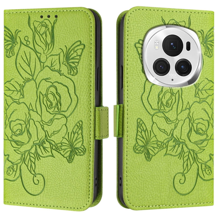 For Honor Magic6 Pro 5G Embossed Rose RFID Anti-theft Leather Phone Case(Green)