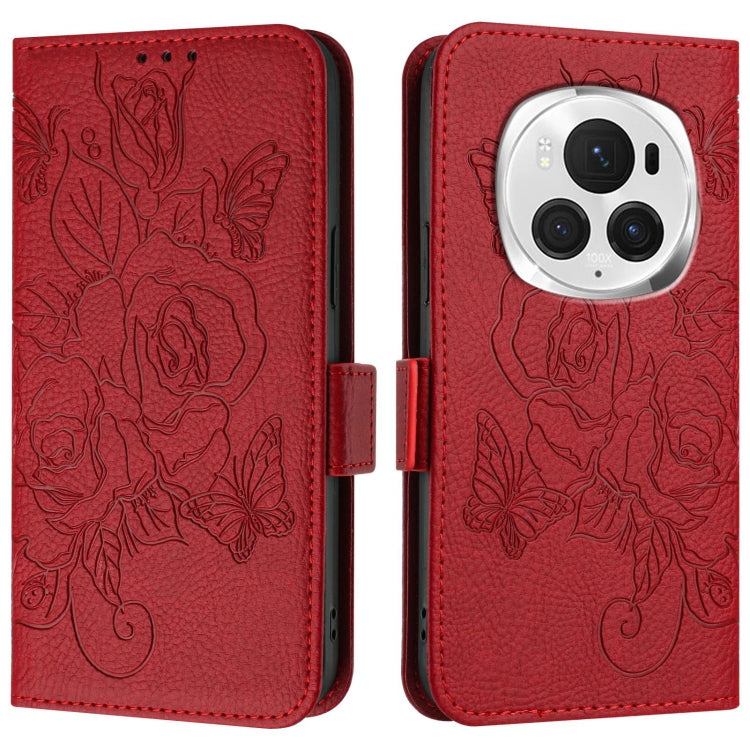 For Honor Magic6 Pro 5G Embossed Rose RFID Anti-theft Leather Phone Case(Red)
