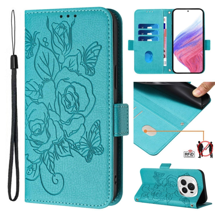 For Honor Magic6 Pro 5G Embossed Rose RFID Anti-theft Leather Phone Case(Light Blue)