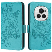 For Honor Magic6 Pro 5G Embossed Rose RFID Anti-theft Leather Phone Case(Light Blue)