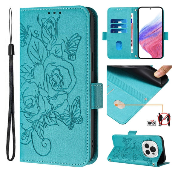 For Honor Magic6 Pro 5G Embossed Rose RFID Anti-theft Leather Phone Case(Light Blue)