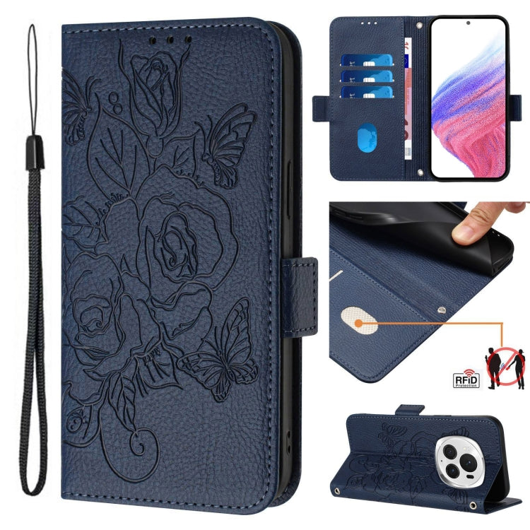 For Honor Magic6 Pro 5G Embossed Rose RFID Anti-theft Leather Phone Case(Dark Blue)