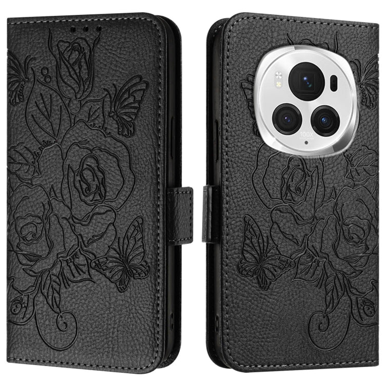 For Honor Magic6 Pro 5G Embossed Rose RFID Anti-theft Leather Phone Case(Black)