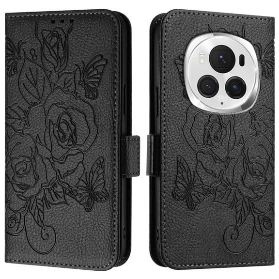 For Honor Magic6 Pro 5G Embossed Rose RFID Anti-theft Leather Phone Case(Black)