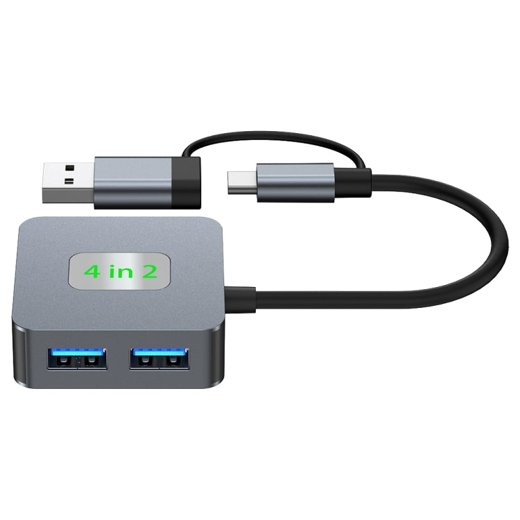 BYL-2320 4 in 2 USB + USB-C / Type-C to USB 3.2 4 Port HUB Adapter(Grey)