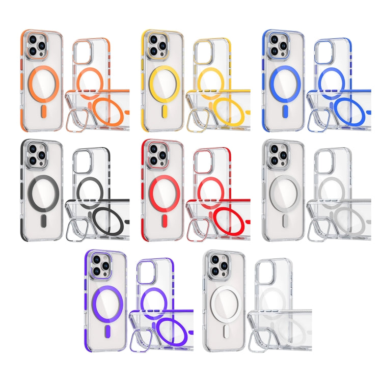 For iPhone 16 Plus Dual-Color Clear Acrylic Hybrid TPU Lens Flip Holder MagSafe Phone Case(Blue)