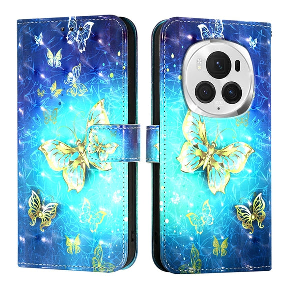 For Honor Magic6 Pro Global 3D Painting Horizontal Flip Leather Phone Case(Golden Butterfly)