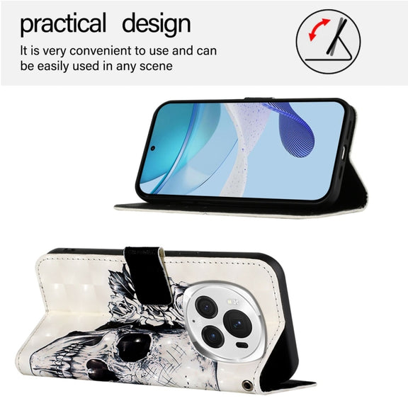 For Honor Magic6 Pro Global 3D Painting Horizontal Flip Leather Phone Case(Skull)