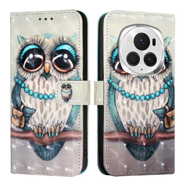 For Honor Magic6 Pro Global 3D Painting Horizontal Flip Leather Phone Case(Grey Owl)