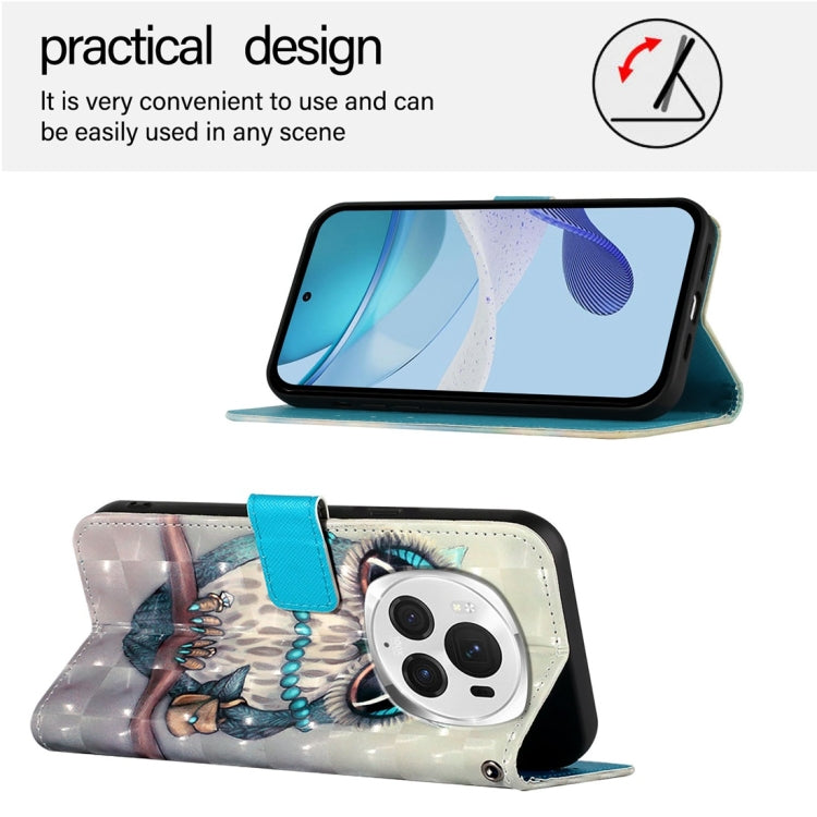 For Honor Magic6 Pro Global 3D Painting Horizontal Flip Leather Phone Case(Grey Owl)