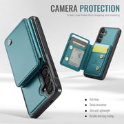 For Samsung Galaxy S24 5G JEEHOOD J05 Business Magnetic Style RFID Leather Phone Case(Blue Green)