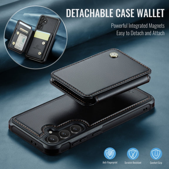 For Samsung Galaxy S24 FE 5G JEEHOOD J05 Business Magnetic Style RFID Leather Phone Case(Black)