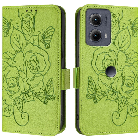 For Motorola Edge 5G 2024 Embossed Rose RFID Anti-theft Leather Phone Case(Green)