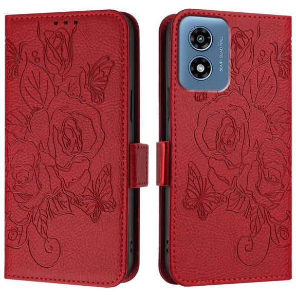 For Motorola Moto G Play 4G 2024 Embossed Rose RFID Anti-theft Leather Phone Case(Red)