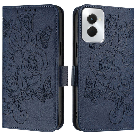 For Motorola Moto G Power 5G 2024 Embossed Rose RFID Anti-theft Leather Phone Case(Dark Blue)