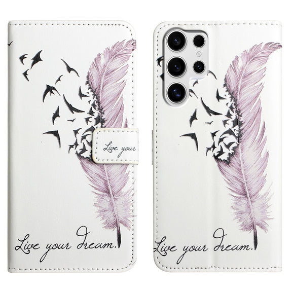 For Samsung Galaxy S25 Ultra 5G Oil Embossed 3D Drawing Leather Phone Case(Feather)