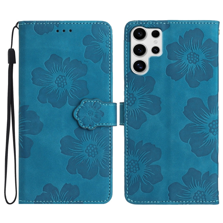 For Samsung Galaxy S25 Ultra 5G Flower Embossing Pattern Leather Phone Case(Blue)