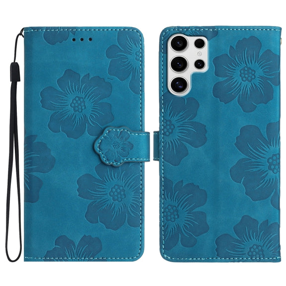 For Samsung Galaxy S25 Ultra 5G Flower Embossing Pattern Leather Phone Case(Blue)