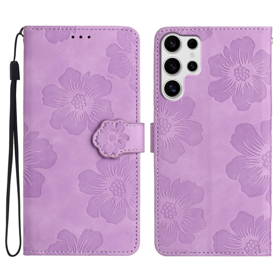 For Samsung Galaxy S25 Ultra 5G Flower Embossing Pattern Leather Phone Case(Purple)