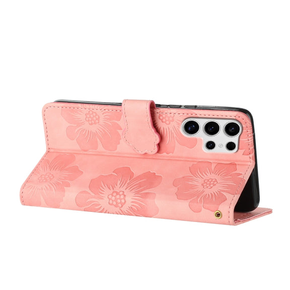 For Samsung Galaxy S25 Ultra 5G Flower Embossing Pattern Leather Phone Case(Pink)
