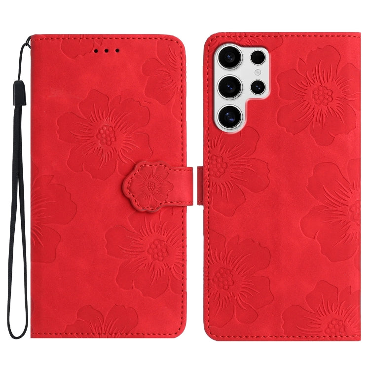 For Samsung Galaxy S25 Ultra 5G Flower Embossing Pattern Leather Phone Case(Red)