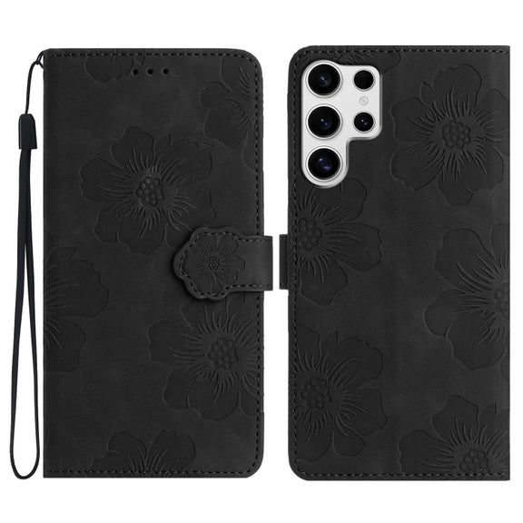 For Samsung Galaxy S25 Ultra 5G Flower Embossing Pattern Leather Phone Case(Black)