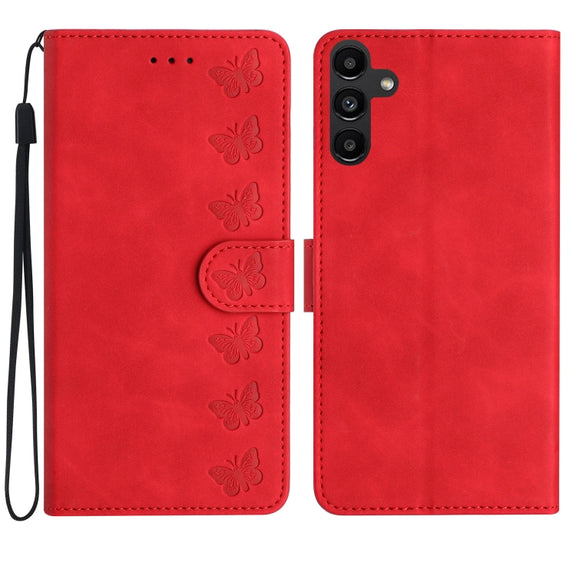 For Samsung Galaxy S25 5G Seven Butterflies Embossed Leather Phone Case(Red)