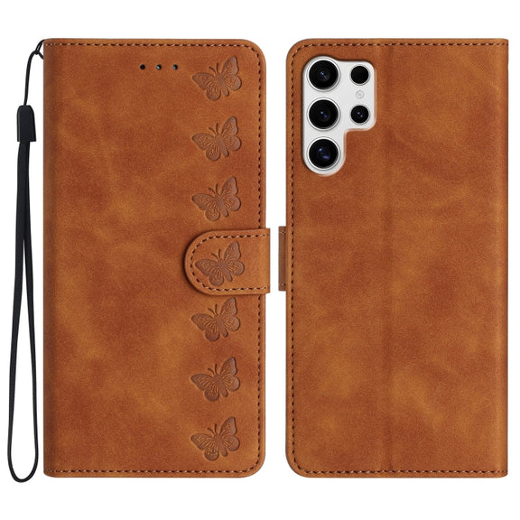 For Samsung Galaxy S25 Ultra 5G Seven Butterflies Embossed Leather Phone Case(Brown)