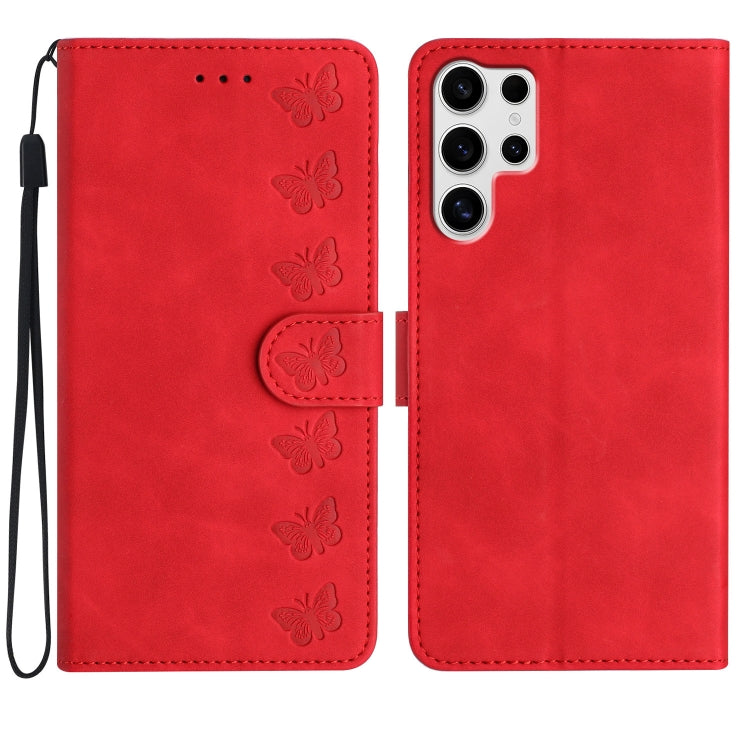For Samsung Galaxy S25 Ultra 5G Seven Butterflies Embossed Leather Phone Case(Red)